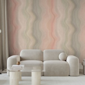 The interior of the living room in the mid-century modern style in off-white colors with a stylish sofa, a glass table on marble legs, a pouf and a floor lamp / 3D illustration, 3d render