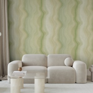 The interior of the living room in the mid-century modern style in off-white colors with a stylish sofa, a glass table on marble legs, a pouf and a floor lamp / 3D illustration, 3d render