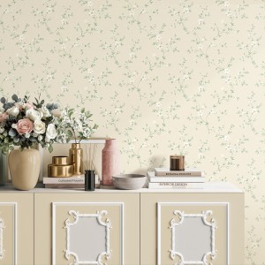 Art room interior with wooden commode and books, ceramic vase with plate, gallery room with decoration. Copy space blank wall, 3D rendering