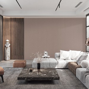 Modern Luxury Living Room with Marble Accents and Textured Wood Paneling