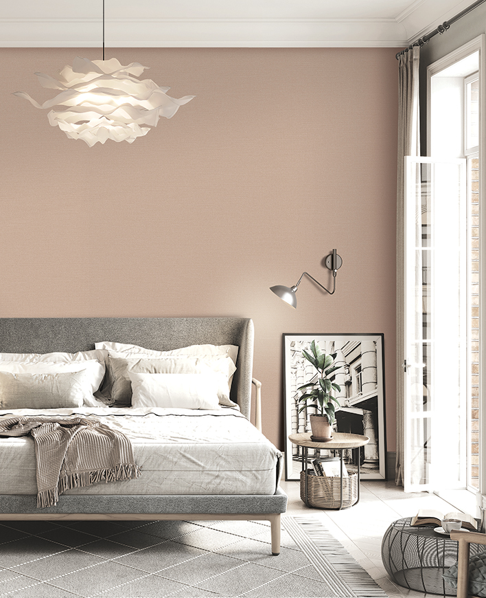 3D rendering of small bedroom with natural light. Computer generated image of elegant bedroom interiors with double bed, side cabinet and mirror on side.